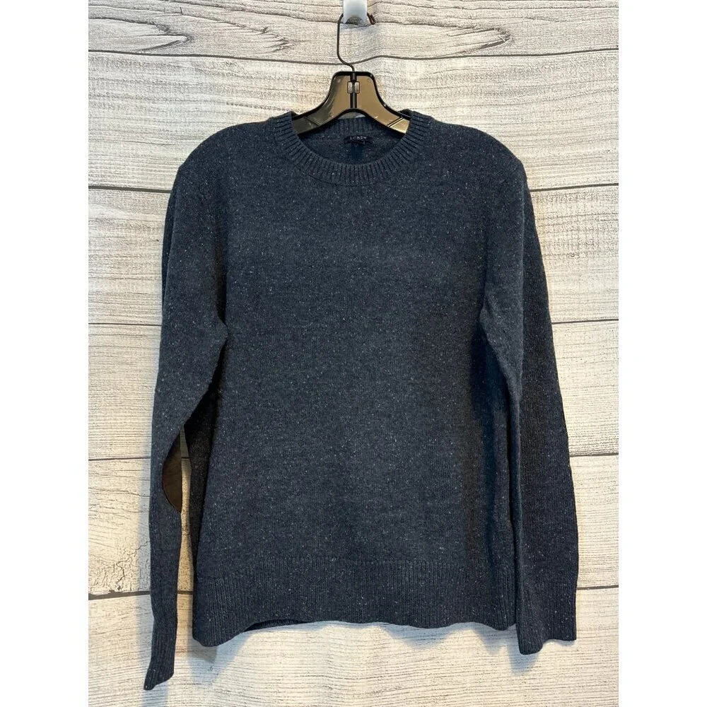 J. Crew Mens Gray Wool Blend Crewneck Sweater With Elbow Patches Size M